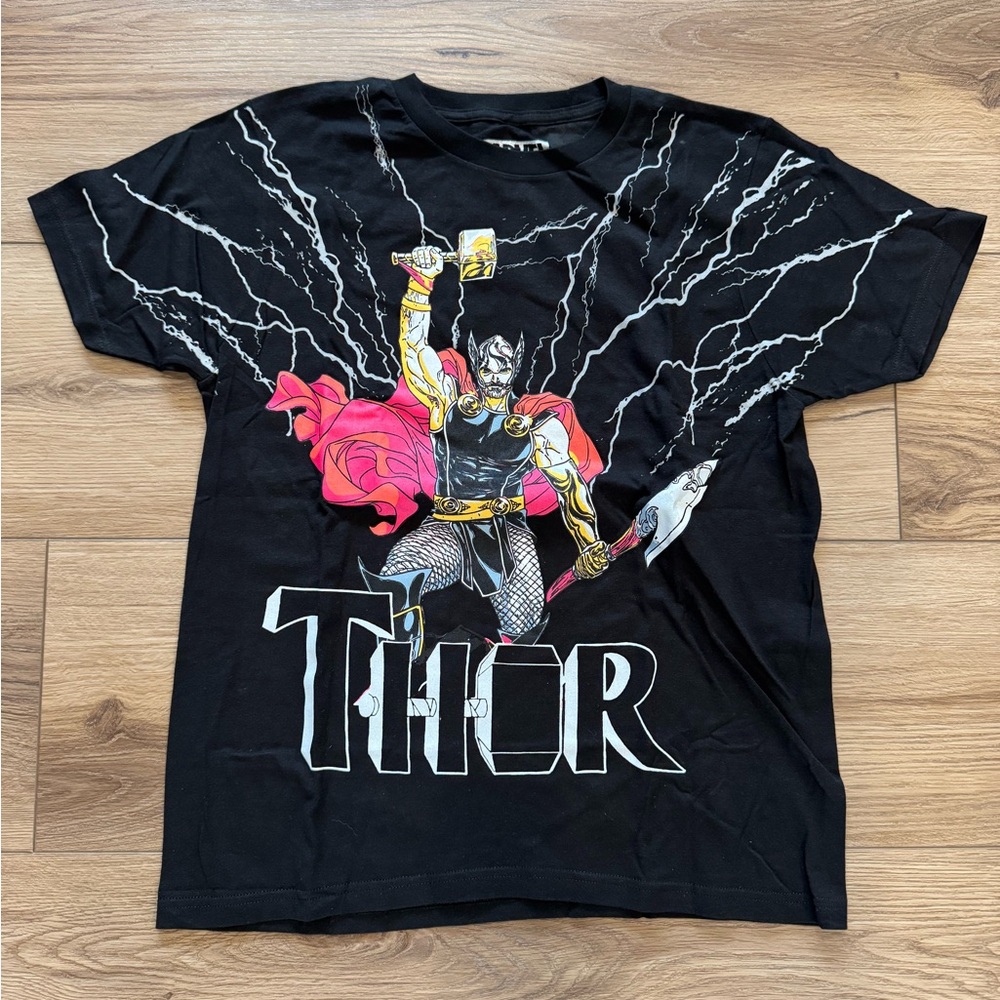 Marvel Unisex Adult's Thor Mjölnir & Lightning Retro T-Shirt Black Size XS